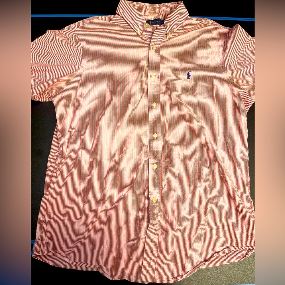 Ralph Lauren Large 100% Cotton Men’s Red and White Button Down Striped Tee
